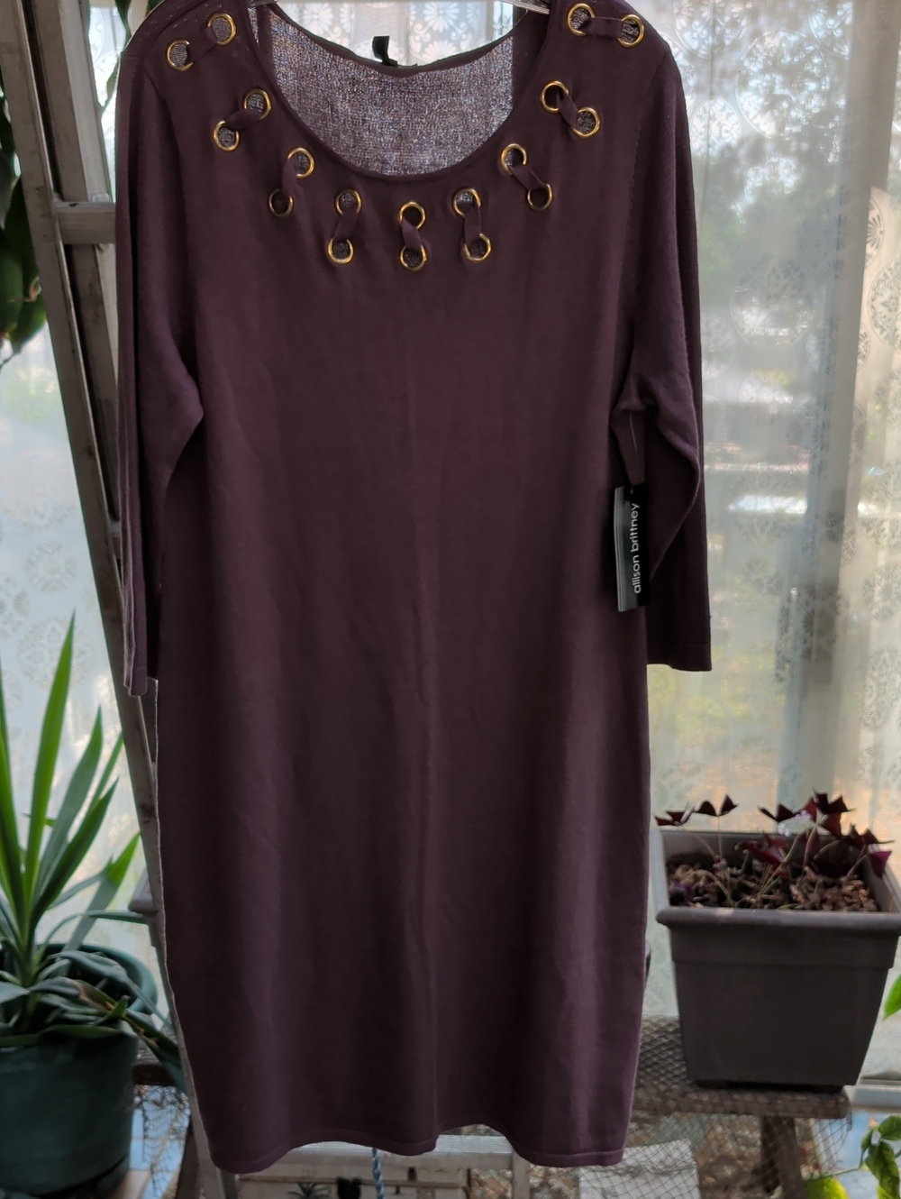 NWT- Alison Brittney‎ Plum Purple Thin Stretch Knit Midi Dress Lace Neckline XL